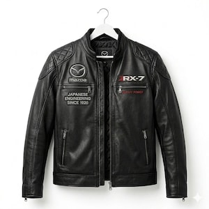 May include: Black leather jacket with quilted shoulder detailing. Displays the Mazda logo, "RX-7" text, and a "Japanese Engineering Since 1920" patch. It has a zip closure and several pockets. The jacket is suspended from a white hanger.