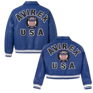 May include: A blue leather varsity jacket featuring the text AVIREX and USA in large black letters on the back. A circular patch displays an American flag graphic with the text ALL AMERICANS ESTABLISHED CALIF. The jacket has striped ribbed cuffs.