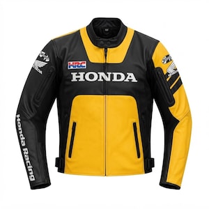 May include: A black and yellow motorcycle jacket featuring the Honda logo in white across the chest, an HRC emblem, and Honda Racing text on the sleeves. The jacket includes a mandarin collar with snap closure, zippered pockets, and adjustable side straps.