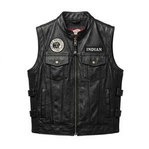 May include: Black leather vest with a zip-up front, two chest pockets, and side adjustments. Features a circular patch with "INDIAN MOTORCYCLE 1901" and a rectangular patch that says "INDIAN".