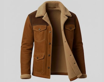 Chaqueta de ante marrón para hombre con forro polar sherpa - Abrigo estilo camionero estilo western cálido para invierno - Chaqueta de campo de piel de oveja