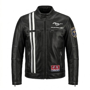 Handgjord Ford Mustang GT svart racingjacka i äkta läder | Detroit Legend Moto Biker Streetwear Ytterkläder