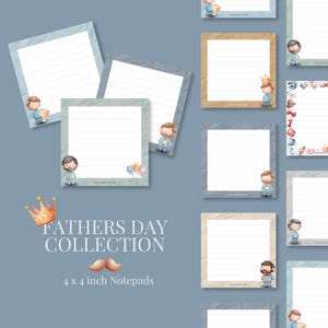 Könnte beinhalten: Eine Sammlung quadratischer 10,16 x 10,16 cm Notizblöcke mit liniertem Papier und Aquarellillustrationen von Männern, Kronen, Luftballons und Schnurrbärten. Der Text FATHERS DAY COLLECTION ist neben einer goldenen Krone und einem Schnurrbart abgebildet.