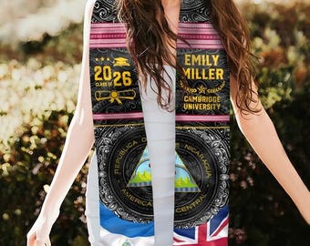 Custom Name Country Flag Class of 2026 Graduation Celebration Stole, Personalized Graduation Stole, Adult Graduation Sash With Country Flag