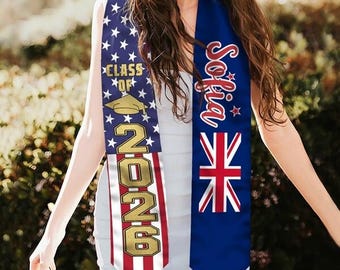 Personalized Class of 2026 Stole, Custom Country Flag Class of 2026 Graduation Stoles, Country Flag Graduation Sash, Custom Graduation Stole