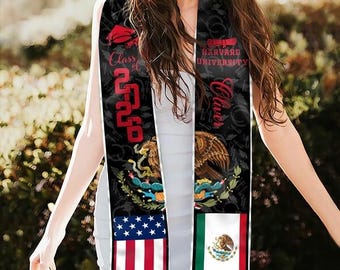 Custom Class of 2026 Mexican American Flag Graduation Stole, Personalized Graduation Stole, Custom Adult Graduation Sash, Class of 2026 Gift