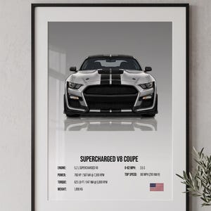 May include: Framed print of a silver Supercharged V8 Coupe with black racing stripes. The print includes specifications: 0-62 MPH in 3.5 seconds, top speed 180 mph, and engine details. The American flag is also displayed.