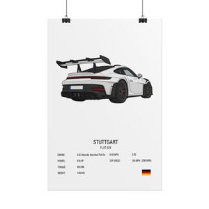 Stuttgart Flat-Six Sports Car Poster | Minimalist Track Car Spec Sheet Wall Art | German Supercar Print for Man Cave & Garage