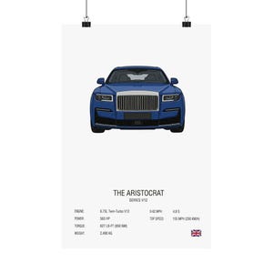 The Aristocrat V12 Luxury Sedan Poster | Minimalist Car Spec Sheet Wall Art | Modern British Automotive Print for Man Cave & Garage