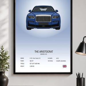 May include: Blue illustration of a Rolls-Royce Ghost Series V12. The framed print includes specifications: 6.75L Twin-Turbo V12 engine, 563 HP, 627 LB-FT torque, and a weight of 5,489 lbs. The car accelerates from 0-62 MPH in 4.8 seconds.