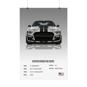Puede incluir: Póster de un cupé plateado con franjas negras. El póster presenta el texto "SUPERCHARGED V8 COUPE" y especificaciones como motor, potencia, par motor, 0-100 km/h, velocidad máxima y peso. Una bandera estadounidense está en la esquina inferior derecha.