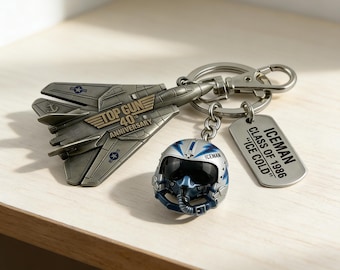 Portachiavi per il 40° anniversario di Top Gun, ciondolo a forma di casco da pilota F-14 Tomcat, piastrina militare Maverick/Iceman/Goose, regalo da collezione per uomo a tema cinematografico.