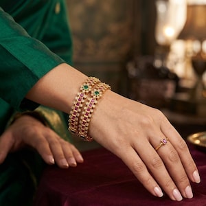 Traditional Gold Plated Indian Bangles | Ruby, Emerald & CZ Floral Stone Bangle Set | Temple Jewelry Kada | Bridal Ethnic Accessory