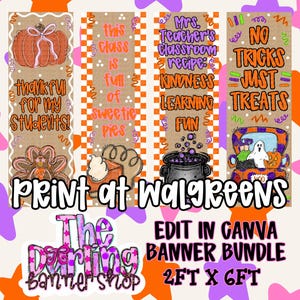 Op de afbeelding: Vier verticale banners met een beige achtergrond en oranje geblokte randen. De ontwerpen bevatten een pompoen, een stuk taart, een ketel en een geest in een auto, met de tekst Thankful for my Students, This class is full of sweetie pies, Mrs. Teacher's Classroom recipe: Kindness Learning Fun, en No Tricks Just Treats.