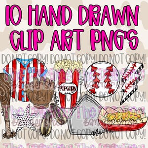 Può includere: Una collezione digitale di 10 clip art PNG disegnate a mano con illustrazioni a tema baseball, tra cui una maglia a righe, un guanto marrone, una mazza di legno, un secchiello di popcorn, una palla, un fulmine, una stella, semi e nachos.