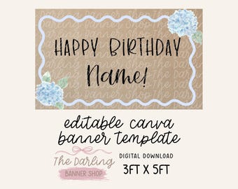 Happy Birthday Banner mit Hortensien Vorlage | Bearbeitbare Canva Vorlage | Projekt & Farbe | Digitaler Download