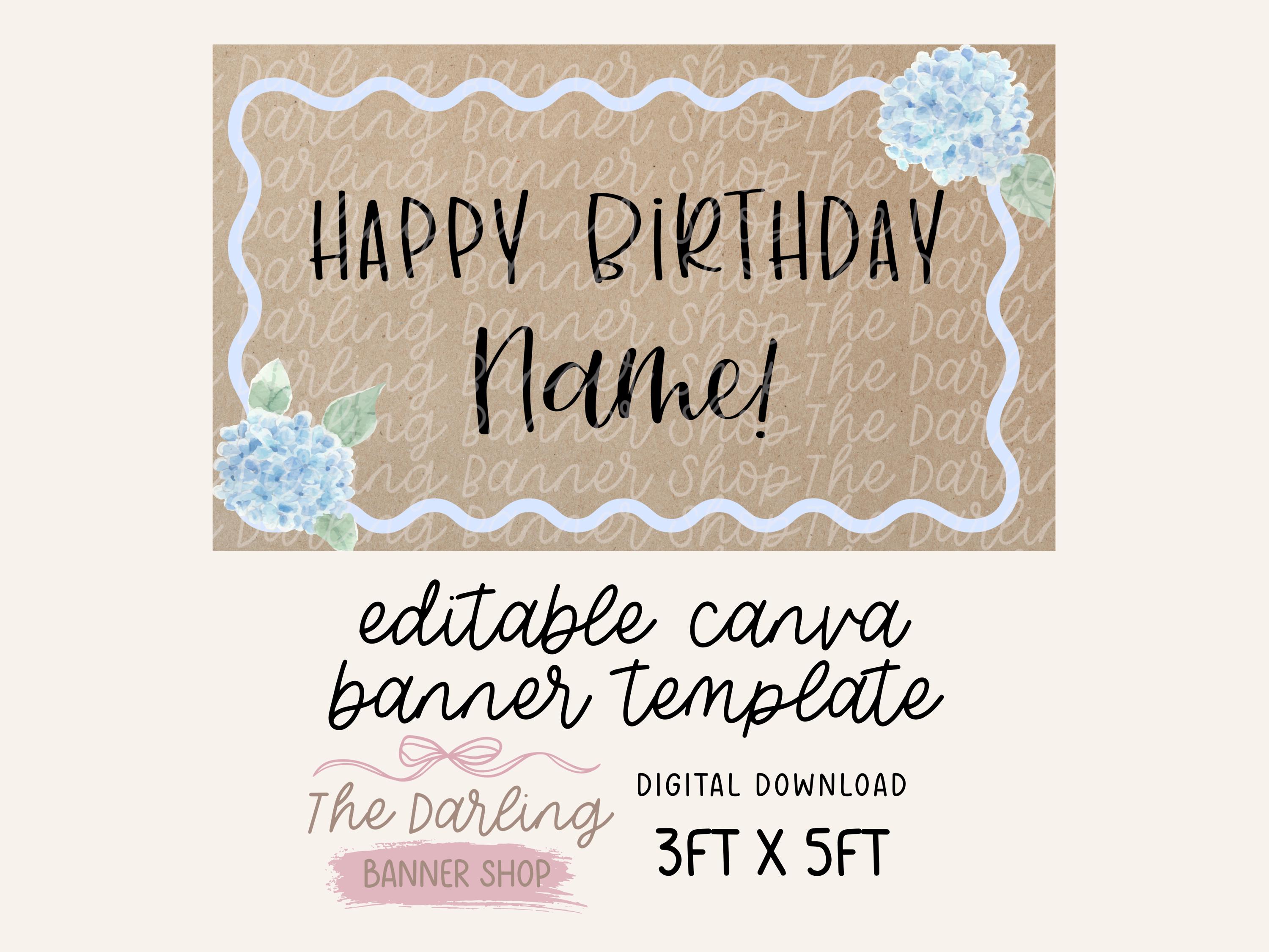 Happy Birthday Banner Template With Hydrangeas | Editable Canva ...