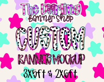 Puede incluir: Un gráfico digital que muestra el texto The Darling banner shop, CUSTOM y BANNER MOCKUP con las dimensiones 3x5ft & 2x6ft. El fondo es de color crema claro con un patrón de estrellas dispersas en rosa brillante, morado claro y turquesa.