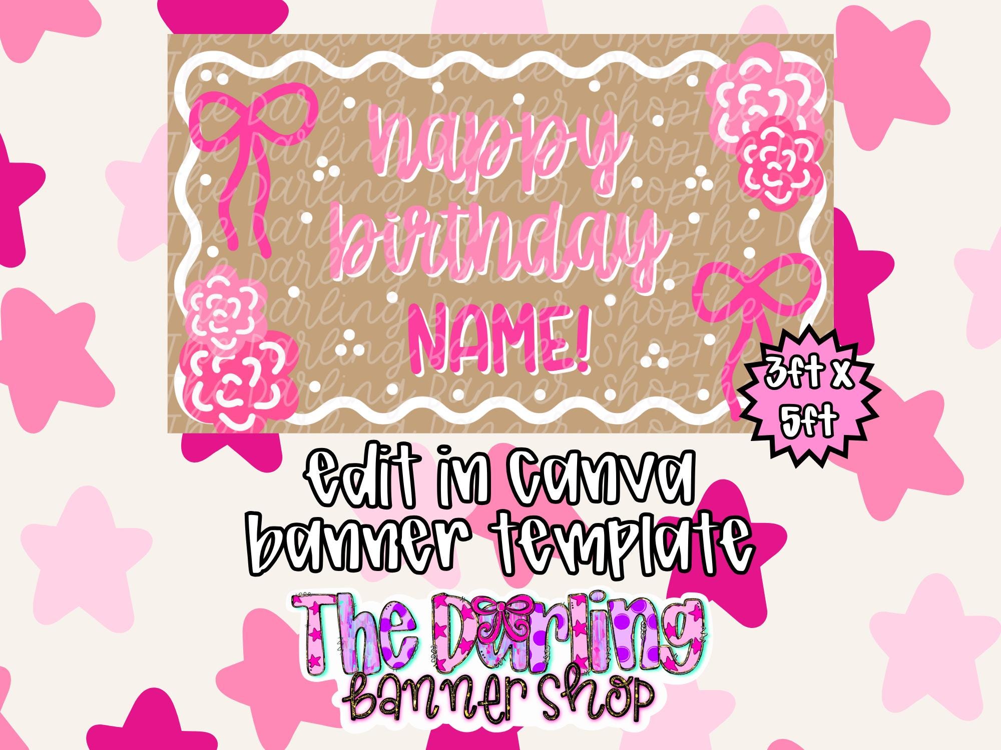 Happy Birthday Banner Template Editable Canva 3x5 Custom Name Birthday