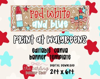 Patriotic Bomb Pop Banner Template, Editable Canva 2x6 Banner, Red White and Blue Party Banner, 4th of July Walgreens Banner Template