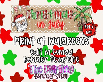 Christmas in July Banner Template, Editable Canva Banner, Santa Palm Tree Banner, Summer Christmas Banner, 2x6 Printable Banner Template