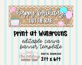Puede incluir: Plantilla de banner digital con el texto "happy birthday LOTTIE RAE". El banner incluye una tarta, globos y flores. También se incluye el texto "Print at Walgreens". El banner mide 0,6 m x 1,8 m.