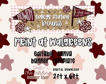 Modello di striscione di saluto per il college 2x6 da stampare da Walgreens, striscione di laurea Aggieland, modificabile su Canva, striscione "Texas College Station Bound"
