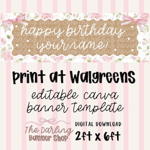 Może przedstawiać: Cyfrowy szablon banera z napisem "happy birthday your name" w ozdobnej czcionce. Baner ma wymiary 61 cm x 183 cm i zawiera kwiatowe i kokardkowe akcenty. Tekst "Print at Walgreens" jest również uwzględniony.