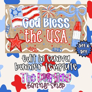 God Bless the USA Banner Template, Patriotic Banner Painting Template, Editable Canva Banner, 4th of July Banner, Americana 3x5 image 1
