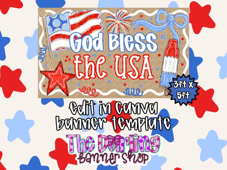 God Bless the USA Banner Template, Patriotic Banner Painting Template, Editable Canva Banner, 4th of July Banner, Americana 3x5 image 1
