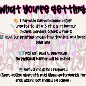May include: A digital graphic with the text What you're getting: 1 Editable Canva banner design, Created to fit a 3 ft x 5 ft banner, Change wording, colors & fonts, Instant digital download, No physical banner will be mailed, Canva Pro is not required.
