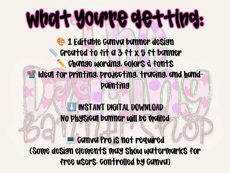 May include: A digital graphic with the text What you're getting: 1 Editable Canva banner design, Created to fit a 3 ft x 5 ft banner, Change wording, colors & fonts, Instant digital download, No physical banner will be mailed, Canva Pro is not required.