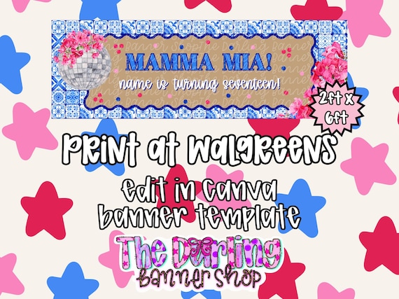 Mamma Mia Birthday Banner Template Editable Canva Banner Dancing Queen Birthday Party Decor Printable Walgreens 2x6 Banner ABBA Theme