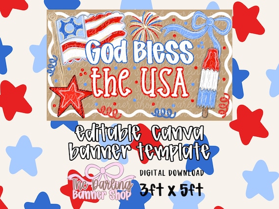 God Bless the USA Banner Template, Patriotic Banner Painting Template, Editable Canva Banner, 4th of July Banner, Americana 3x5
