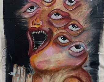 May include: An original painting depicting a figure with multiple eyes and an open mouth, holding a cigarette. The artwork is in a surreal style, using browns, pinks, and black to create a striking and expressive image.