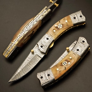 Handmade Damascus Folding Knife Comes With Genuine Leather Sheath Gift For Him