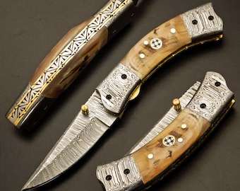 Ręcznie robiony nóż składany z damasceńskiej skóry, w komplecie z pochwą ze skóry naturalnej, prezent dla niego