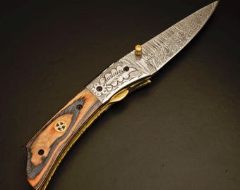 Handmade Damascus Folding Knife Comes With Genuine  Leather Sheath