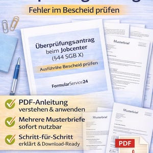 May include: An image promoting a Jobcentre document service. The image shows documents, a pen, and a coffee cup. Text includes "Jobcenter Überprüfungsantrag" and "PDF-Anleitung verstehen & anwenden."