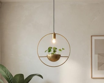 Gold Hoop Pendant Light with Planter | Botanical Brass Ring Lamp Kitchen Island Scandinavian EU