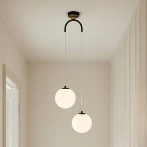 Arch Pendant Light Gold or Black Opal Globe | Nordic Japandi Hanging Lamp Bedroom Dining | Minimalist Scandi