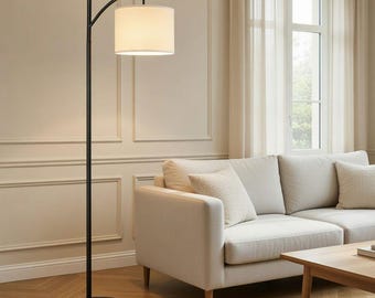 Lámpara de pie nórdica de arco | Hierro negro y pantalla de lino | Lámpara de pie escandinava para dormitorio y sala de estar
