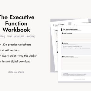 Cuaderno de ejercicios imprimible para la función ejecutiva en el TDAH, 30 hojas de trabajo en PDF, inicio de tareas, gestión del tiempo, habilidades para adultos con TDAH, herramientas para personas neurodivergentes.