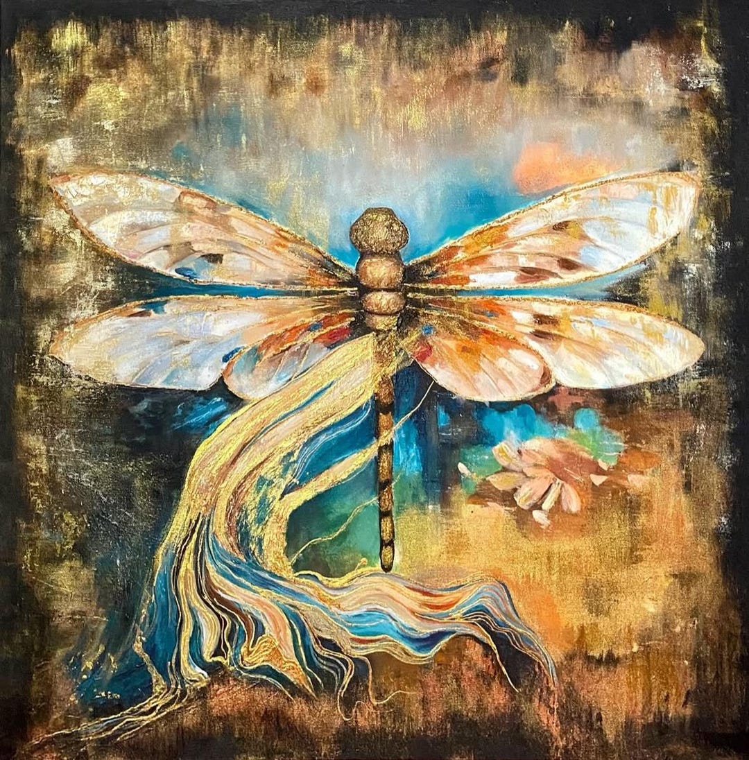 Original Dragonfly Oil Painting Hand Painted Gold Animal Wall Art ...