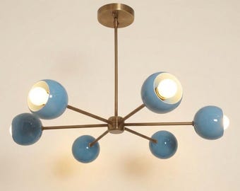 Mid Century Modern Sputnik Chandelier, Blue Globe Brass Ceiling Light, 6 Light Pendant Fixture