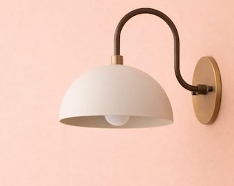 Handmade Brass & White Wall Sconce - Minimalist Dome Shade Lamp For Bedroom, Hallway Lighting