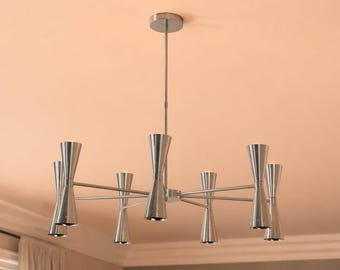 Lámpara de techo moderna tipo Sputnik, 14 luces, 7 brazos, acabado en cromo pulido.