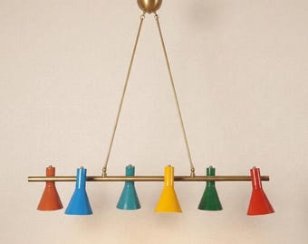 Mid Century Modern Brass Chandelier, Colorful 6 Light Linear Pendant Light