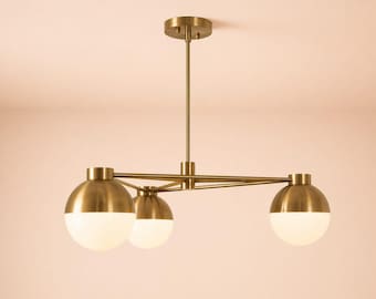 Mid Century Modern Brass Chandelier, 3 Light Globe Ceiling Fixture, Minimalist Gold Pendant Lamp