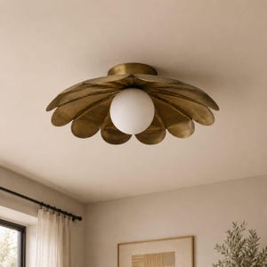 Mid Century Modern Brass Flower Ceiling Light, Flush Mount Daisy Lamp, Vintage Brass Ceiling Fixture, Floral Lighting
